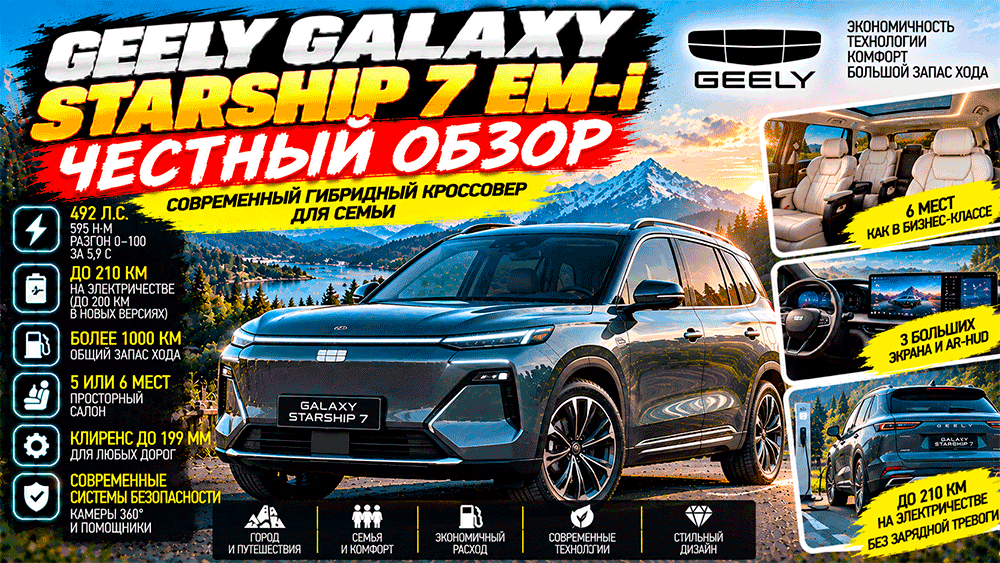 Geely Galaxy Starship 7 EM-i – честный обзор цены, характеристики, запас хода, комплектации, слабые места, конкуренты