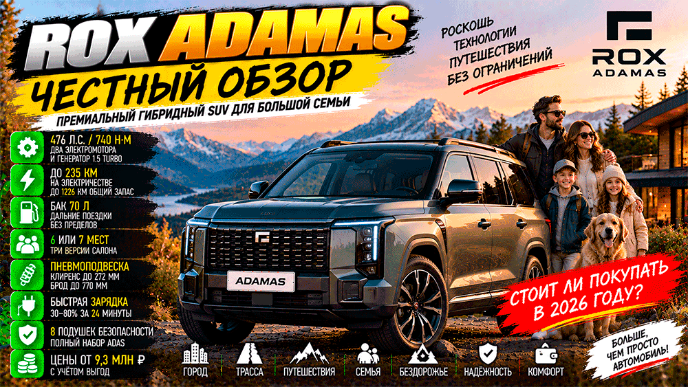 ROX ADAMAS – честный обзор цены, 6/7 мест, 476 л.с., пневма, запас хода, зарядка, слабые места и стоит ли покупать ROX ADAMAS – честный обзор цены, 6/7 мест, 476 л.с., пневма, запас хода, зарядка, слабые места и стоит ли покупать