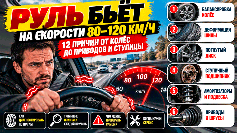 Руль бьёт на скорости 80–120 км/ч – 12 причин от колёс до приводов и ступицы Руль бьёт на скорости 80–120 км/ч – 12 причин от колёс до приводов и ступицы
