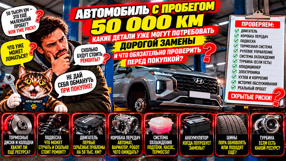 Автомобиль с пробегом 50 тысяч километров – какие детали уже могут потребовать дорогой замены и что обязательно проверить, пока машина не начала вытягивать деньги Автомобиль с пробегом 50 тысяч километров – какие детали уже могут потребовать дорогой замены и что обязательно проверить, пока машина не начала вытягивать деньги