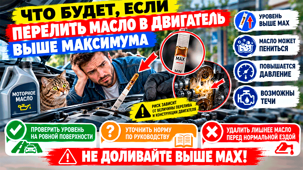 Что будет, если перелить масло в двигатель выше максимума – чем это опасно, сколько можно ездить и что делать Что будет, если перелить масло в двигатель выше максимума – чем это опасно, сколько можно ездить и что делать