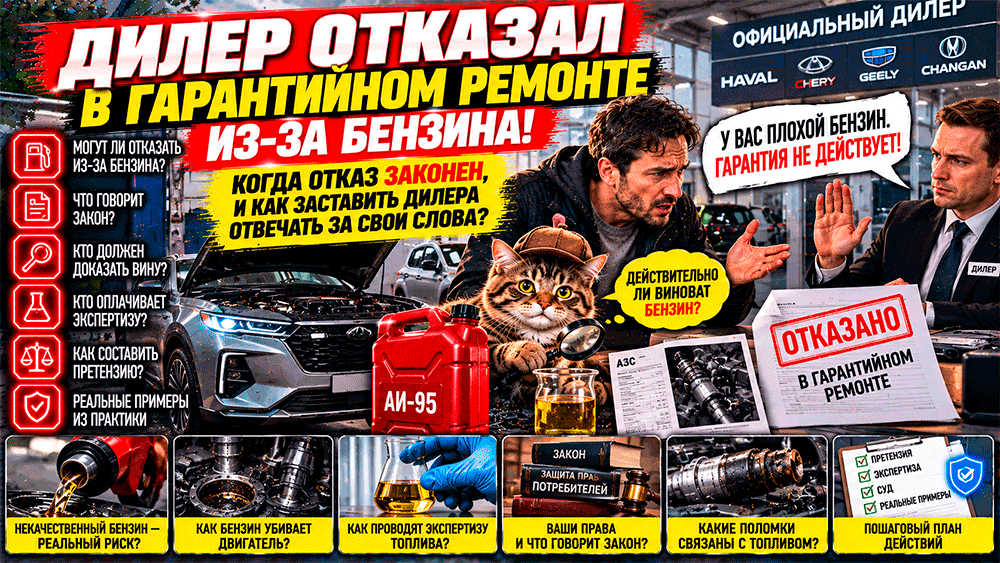 Дилер отказал в гарантийном ремонте из-за плохого бензина – обязан ли он доказать вину заправки, кто оплачивает экспертизу Дилер отказал в гарантийном ремонте из-за плохого бензина – обязан ли он доказать вину заправки, кто оплачивает экспертизу
