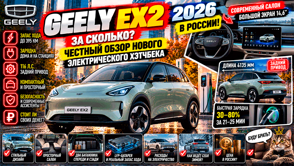 Geely EX2 2026 едет в Россию – честный обзор самого доступного электромобиля – цена, запас хода 395 км, задний привод и главные недостатки Geely EX2 2026 едет в Россию – честный обзор самого доступного электромобиля – цена, запас хода 395 км, задний привод и главные недостатки