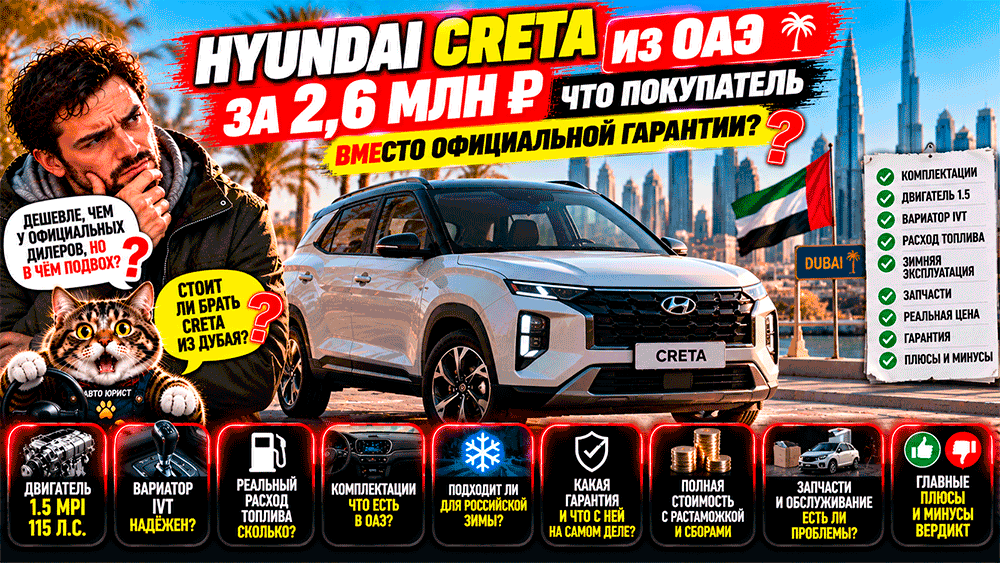 Hyundai Creta из ОАЭ за 2,6 млн рублей – честный обзор, двигатель 1.5, вариатор, расход топлива, зимняя эксплуатация