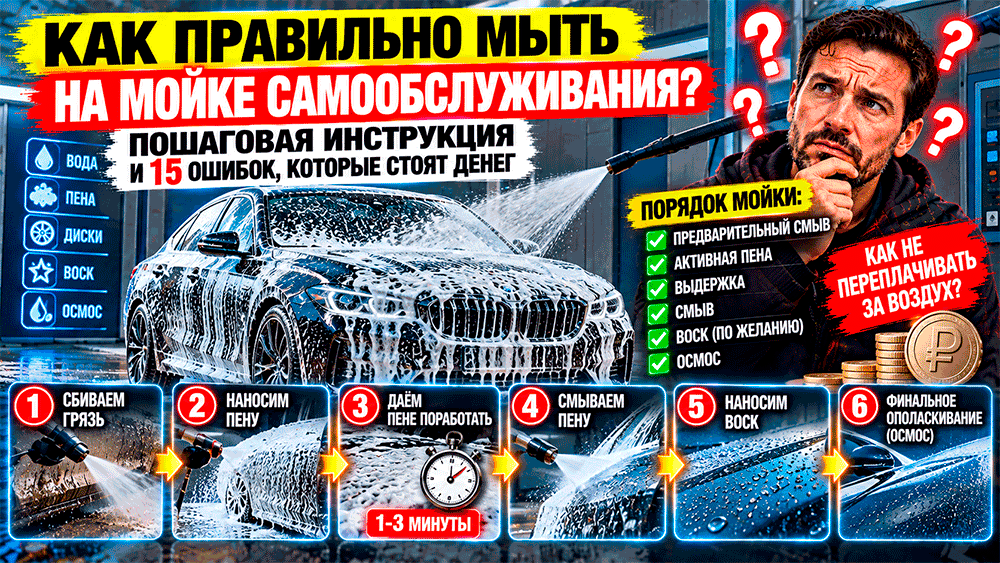 Как правильно пользоваться мойкой самообслуживания и не переплачивать за воздух – порядок программ, пена, воск, осмос Как правильно пользоваться мойкой самообслуживания и не переплачивать за воздух – порядок программ, пена, воск, осмос