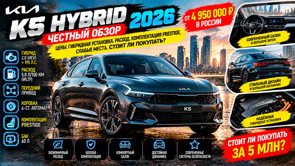 Kia K5 Hybrid 2026 – честный обзор цены, гибридной установки, расхода, комплектации Prestige, слабых мест, конкурентов и стоит ли покупать Kia K5 Hybrid 2026 – честный обзор цены, гибридной установки, расхода, комплектации Prestige, слабых мест, конкурентов и стоит ли покупать