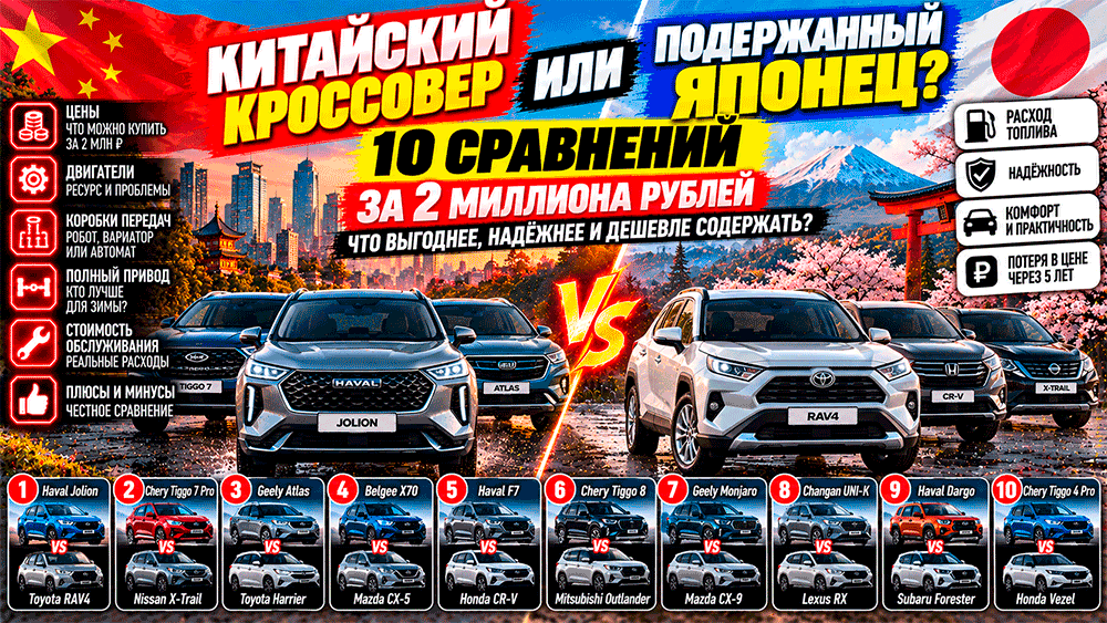 Китайский кроссовер или подержанный японец за 2 миллиона рублей – 10 сравнений – что выгоднее, надёжнее и дешевле содержать? Китайский кроссовер или подержанный японец за 2 миллиона рублей – 10 сравнений – что выгоднее, надёжнее и дешевле содержать?