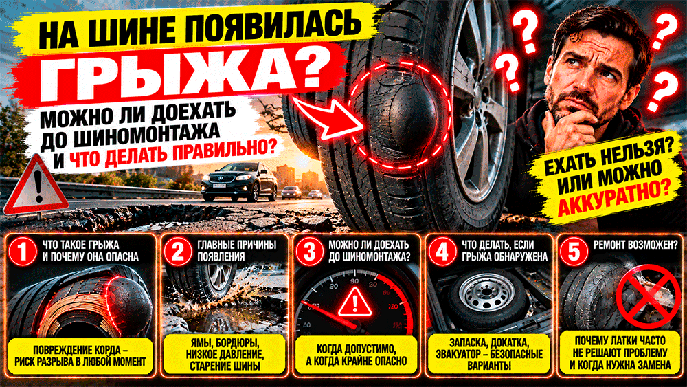 На шине появилась грыжа – можно ли медленно доехать до шиномонтажа и когда колесо уже опасно даже на маленькой скорости На шине появилась грыжа – можно ли медленно доехать до шиномонтажа и когда колесо уже опасно даже на маленькой скорости