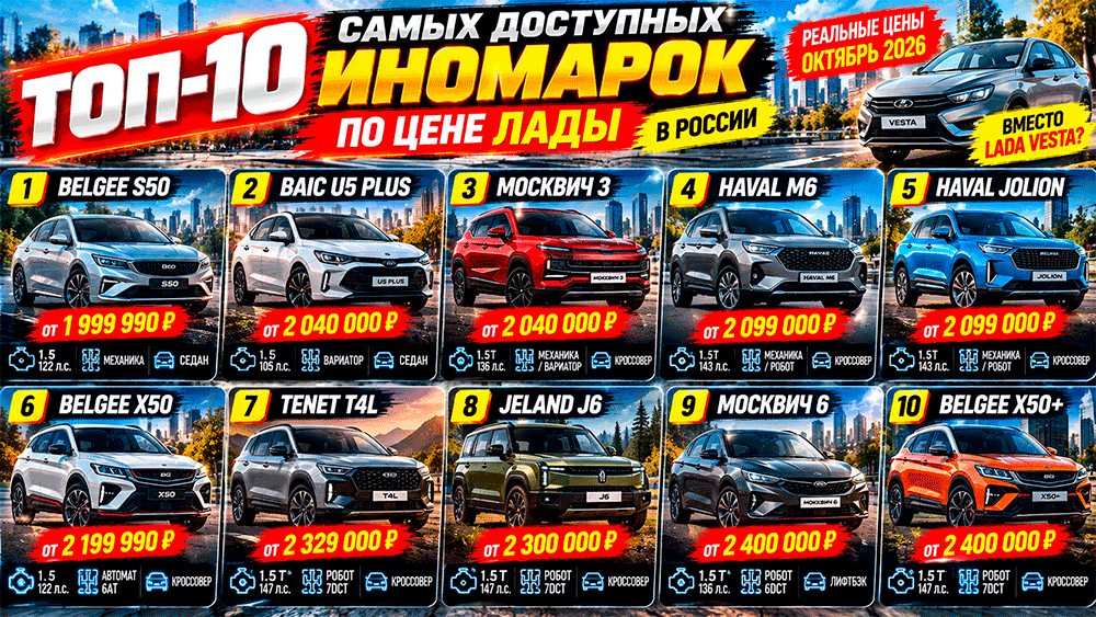 Новые иномарки по цене LADA Vesta – 10 самых дешёвых автомобилей в России в октябре 2026 года – цены удивляют