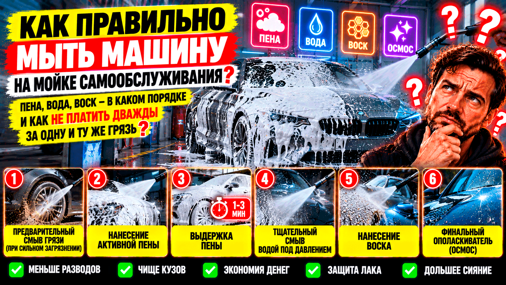 Пена, вода, воск – в каком порядке действительно мыть автомобиль на мойке самообслуживания и как не платить дважды за одну и ту же грязь