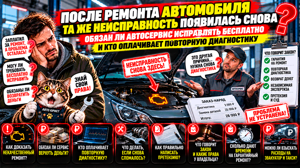 После ремонта автомобиля та же неисправность появилась снова – обязан ли автосервис исправлять бесплатно, кто оплачивает повторную диагностику и как вернуть деньги за некачественный ремонт?