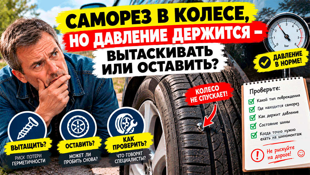 Саморез в колесе, но давление держится – вытаскивать или оставить, можно ли ехать и когда шину ещё можно нормально отремонтировать