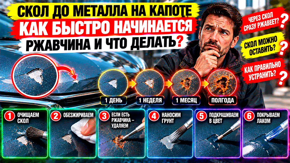 Скол до металла на капоте – как быстро начинается ржавчина и что делать, пока маленькая точка не превратилась в рыжий кратер Скол до металла на капоте – как быстро начинается ржавчина и что делать, пока маленькая точка не превратилась в рыжий кратер