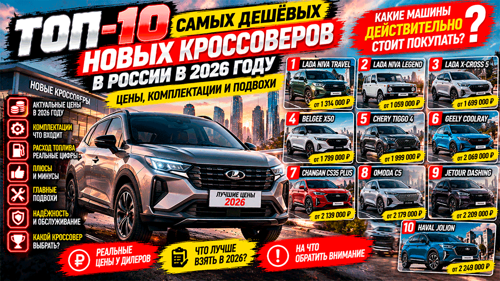 Топ-10 самых дешёвых новых кроссоверов в России в 2026 году – цены, комплектации и подвохи Топ-10 самых дешёвых новых кроссоверов в России в 2026 году – цены, комплектации и подвохи