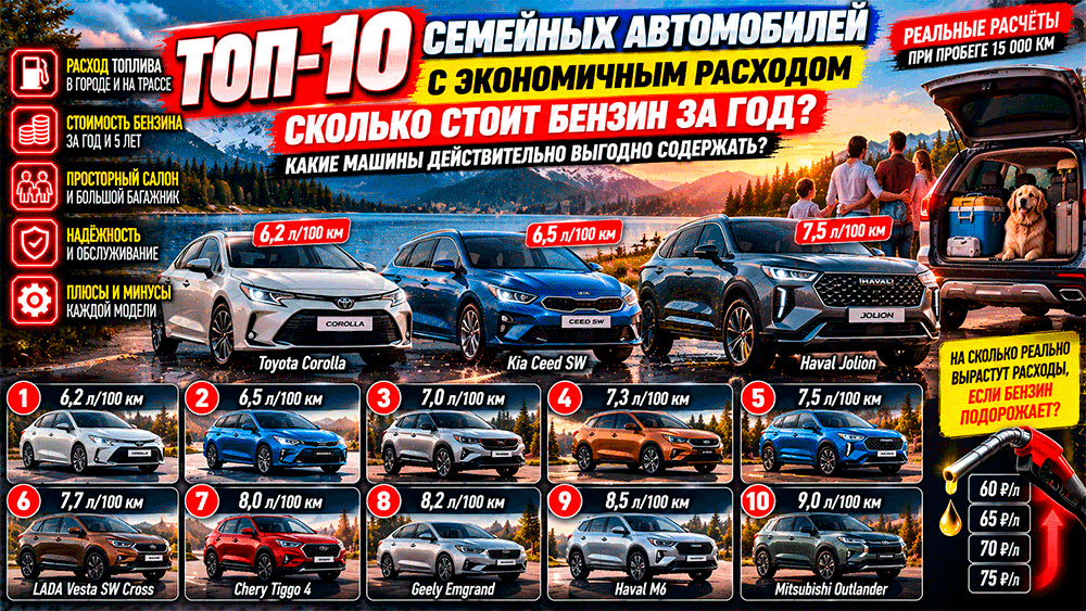 Топ-10 семейных автомобилей с экономичным расходом – сколько стоит бензин за год и какие машины действительно выгодно содержать