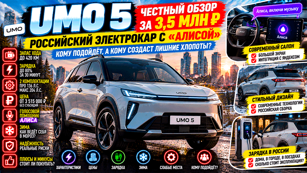 UMO 5 за 3,5 млн рублей – честный обзор российского электрокара с «Алисой» – характеристики, запас хода, зарядка, слабые места UMO 5 за 3,5 млн рублей – честный обзор российского электрокара с «Алисой» – характеристики, запас хода, зарядка, слабые места