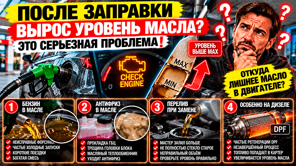 Уровень масла неожиданно вырос – откуда в моторе может появиться лишняя жидкость и почему это опаснее обычного перелива Уровень масла неожиданно вырос – откуда в моторе может появиться лишняя жидкость и почему это опаснее обычного перелива