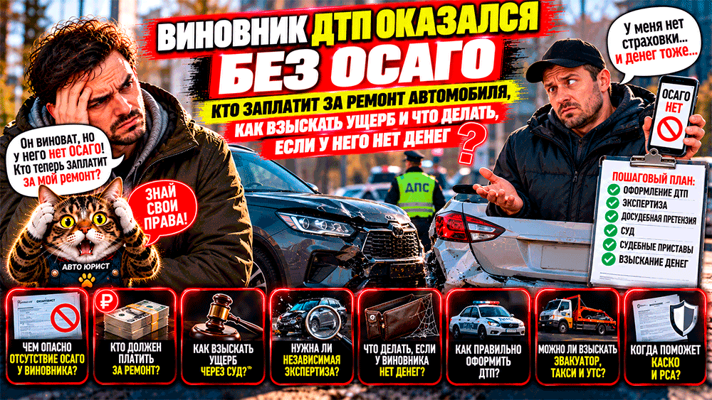 Виновник ДТП оказался без ОСАГО – кто оплатит ремонт автомобиля, как взыскать ущерб и что делать, если у виновника нет денег?