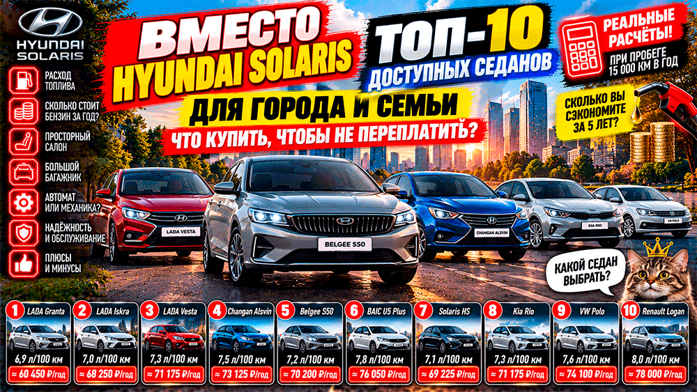 Вместо Hyundai Solaris 10 доступных седанов для города и семьи – что купить с автоматом, какой автомобиль надёжнее и где не переплатить Вместо Hyundai Solaris 10 доступных седанов для города и семьи – что купить с автоматом, какой автомобиль надёжнее и где не переплатить