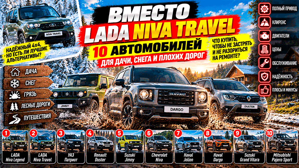 Вместо LADA Niva Travel – 10 автомобилей для дачи, снега и плохих дорог – что купить, чтобы не застрять и не разориться на ремонте? Вместо LADA Niva Travel – 10 автомобилей для дачи, снега и плохих дорог – что купить, чтобы не застрять и не разориться на ремонте?