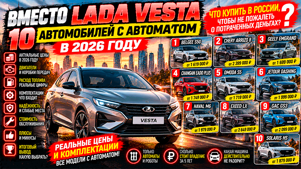 Вместо LADA Vesta – 10 автомобилей с автоматом в 2026 году – что купить в России, чтобы не пожалеть о потраченных деньгах Вместо LADA Vesta – 10 автомобилей с автоматом в 2026 году – что купить в России, чтобы не пожалеть о потраченных деньгах