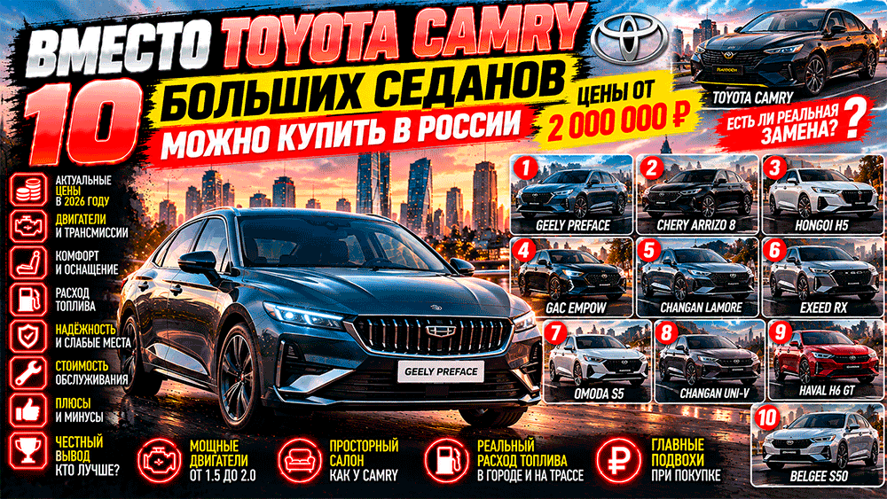 Вместо Toyota Camry – 10 больших седанов можно купить в России – цены, двигатели, комфорт и главные подвохи Вместо Toyota Camry – 10 больших седанов можно купить в России – цены, двигатели, комфорт и главные подвохи