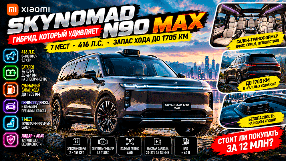 Xiaomi Skynomad N90 Max – честный обзор цены, характеристик, 416 л.с., запаса хода 1705 км, расхода, салона, слабых мест Xiaomi Skynomad N90 Max – честный обзор цены, характеристик, 416 л.с., запаса хода 1705 км, расхода, салона, слабых мест